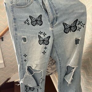Butterfly Motif Distressed Denim Jeans